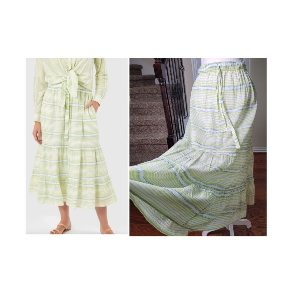 LIVRO Market Skirt Green Women XS Tiered Striped Summer Preppy Casual Workwear